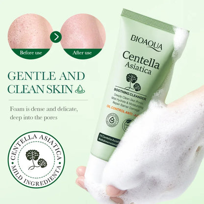 Bioaqua Centella Asiatica cleanser with before and after use comparison on a green background