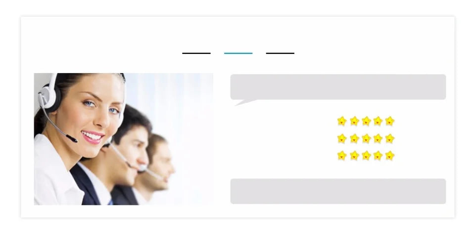 Five-star rating with a smiling customer service representative on a white background