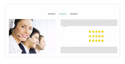 Five-star rating with a smiling customer service representative on a white background