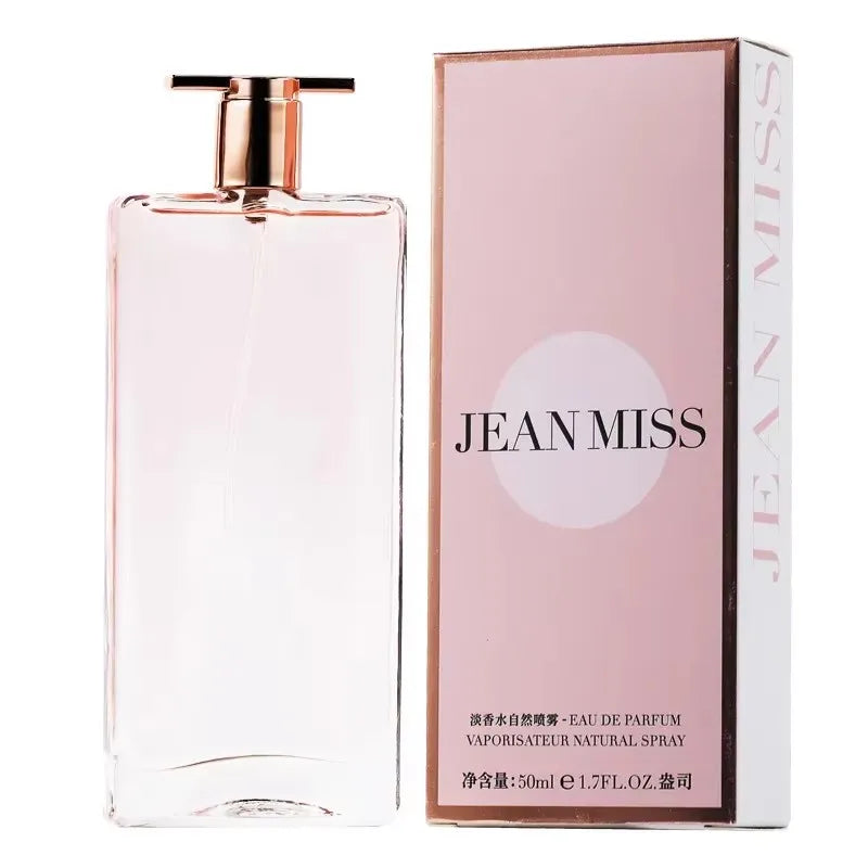 Perfume bottle and packaging with 'Jean Miss' branding on a white background