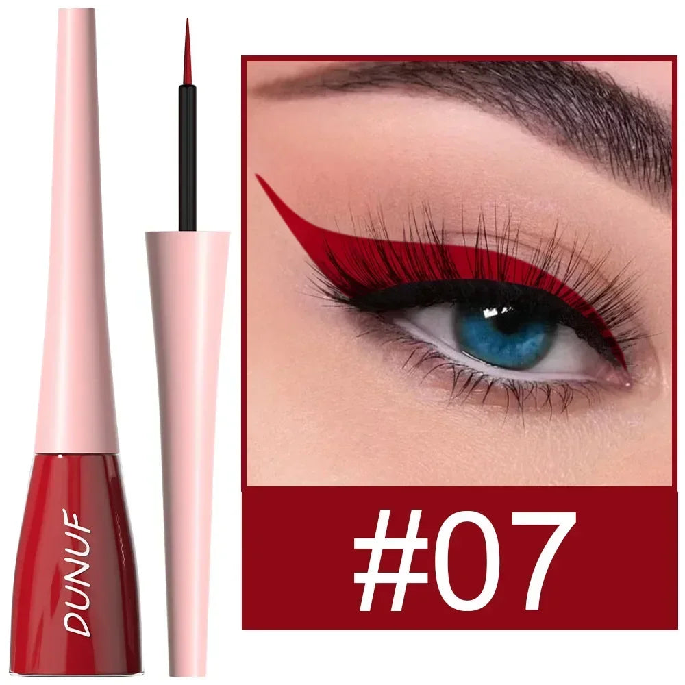DUNUF eyeliner pen with a close-up of an eye wearing red eyeliner.