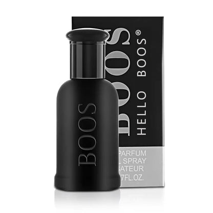 Black perfume bottle with 'BOOS' branding next to its packaging on a white background