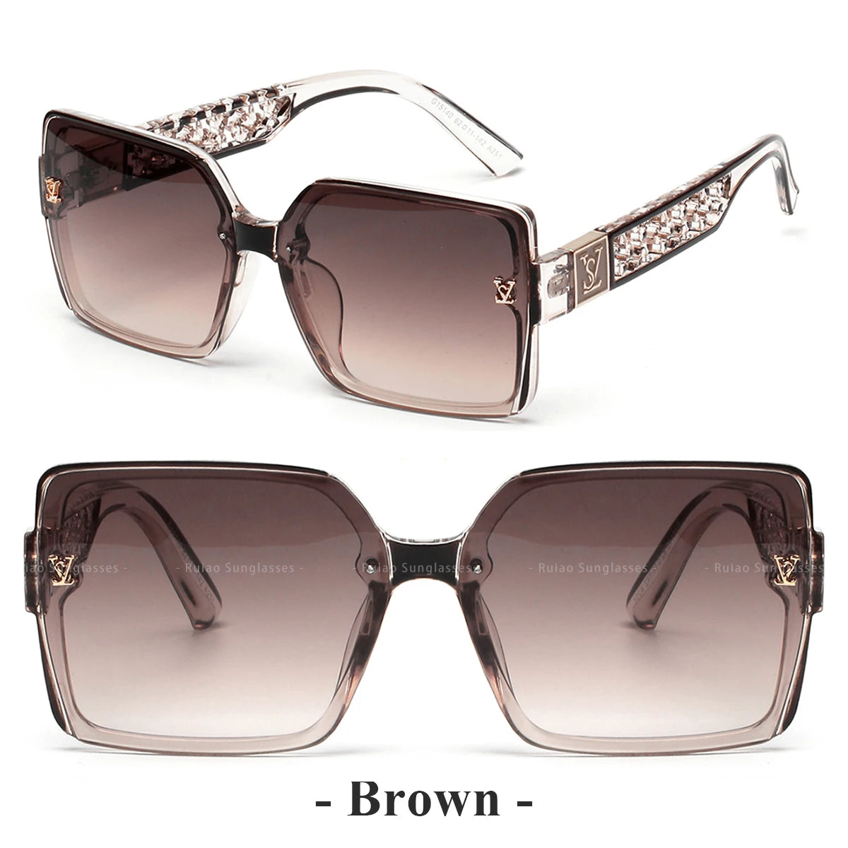 Brown sunglasses with decorative embellishments on a white background