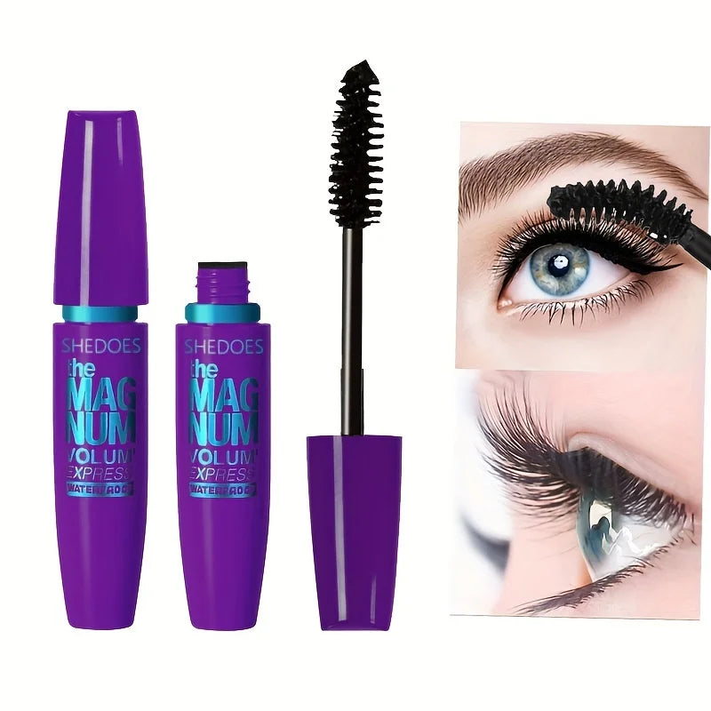 Purple mascara with brush and close-up of application on eye