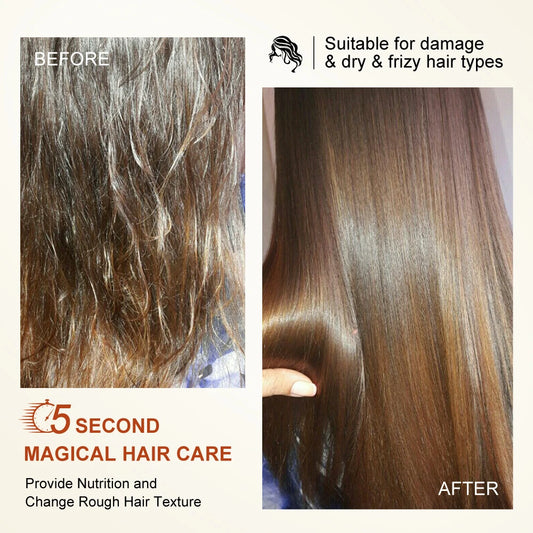 Before and after comparison of hair care product on damaged and dry frizzy hair.