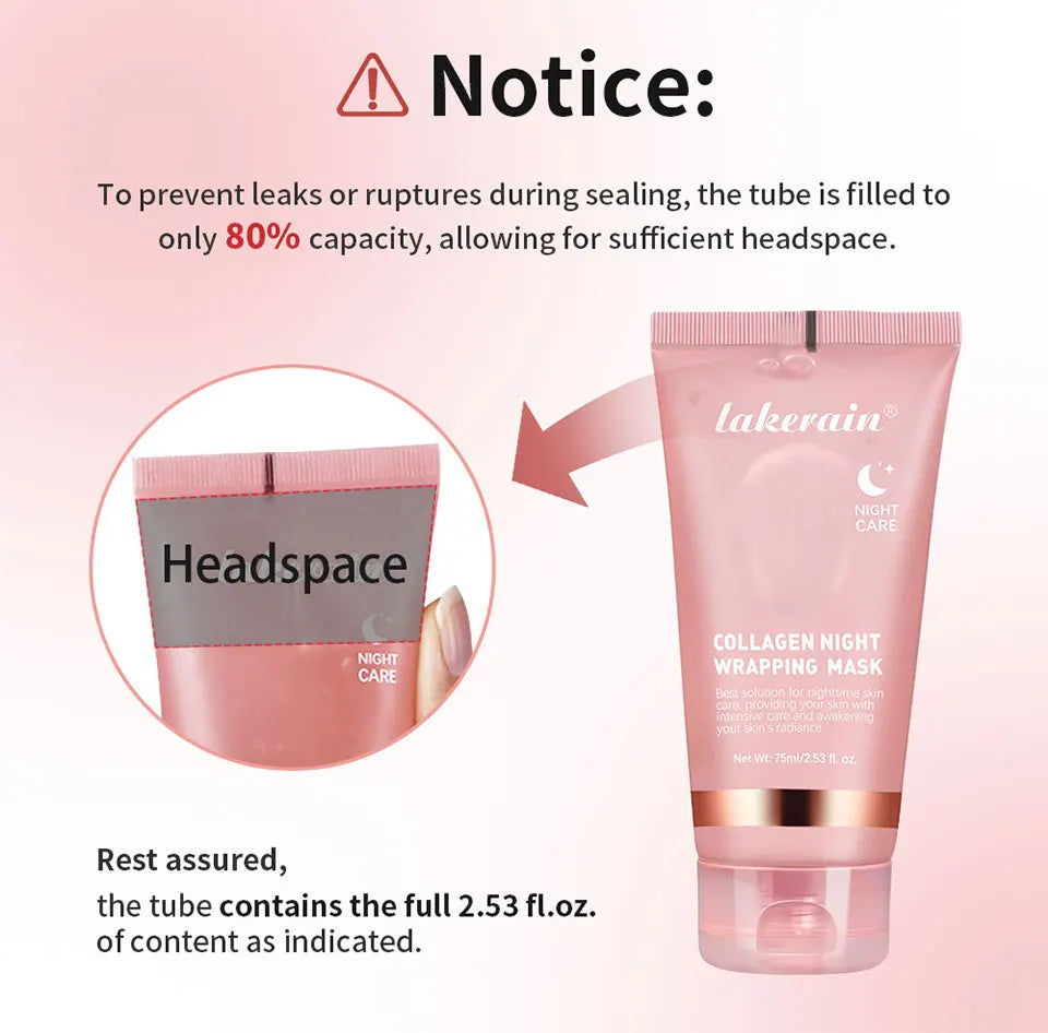 Lakerain collagen night wrapping mask tube with 'Headspace' label and warning notice on pink background