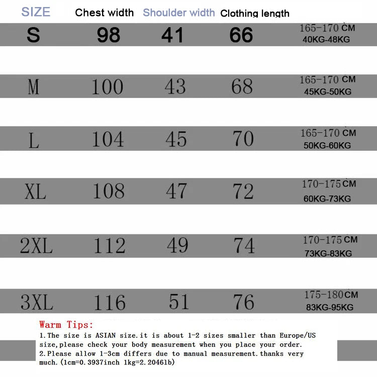 Size chart for clothing with chest width, shoulder width, and clothing length measurements.
