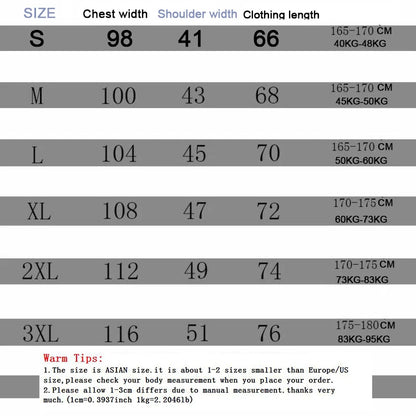Size chart for clothing with chest width, shoulder width, and clothing length measurements.