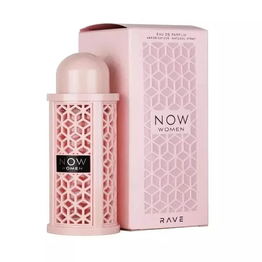 Pink RAVE perfume bottle and packaging on a white background