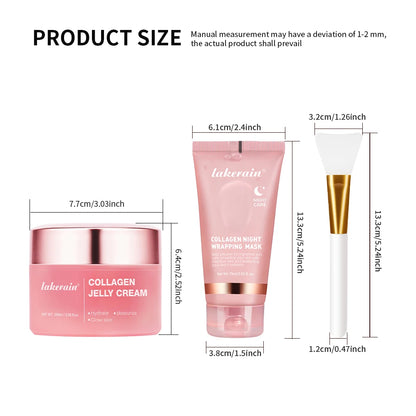 Measurement chart of Lakenaire collagen products including cream, mask, and brush on a white background.
