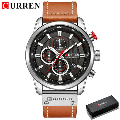 Curren watch with brown leather strap and black dial on a white background