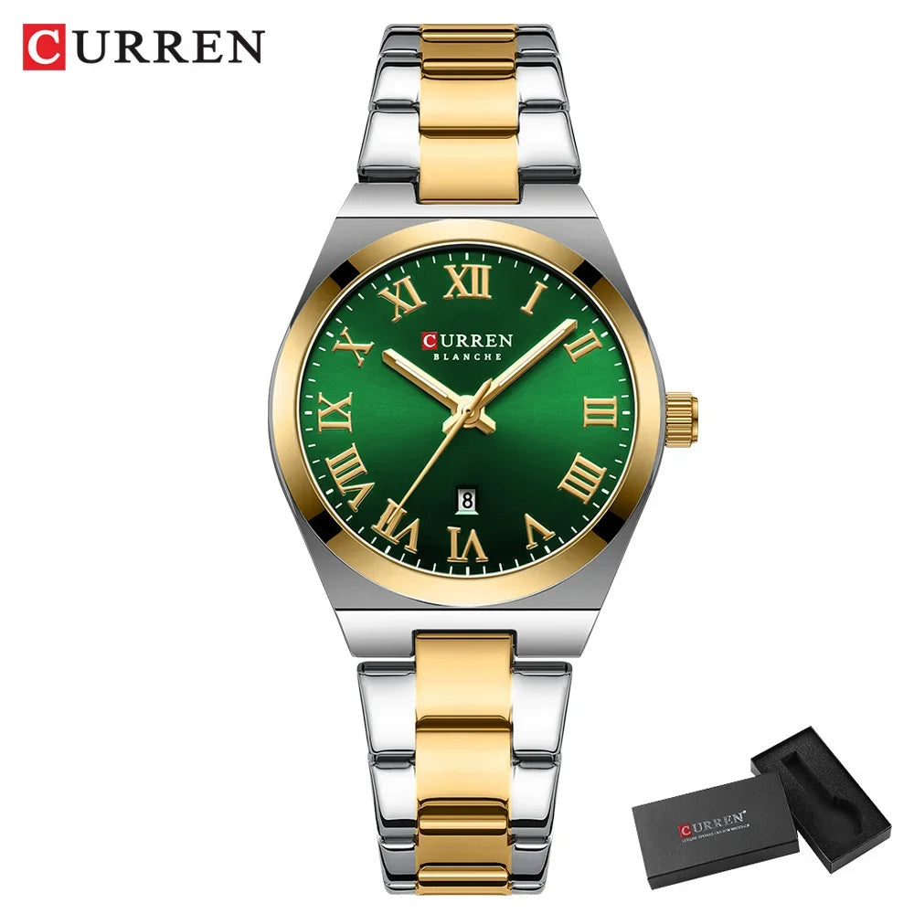 Curren watch with green face and gold and silver band on white background
