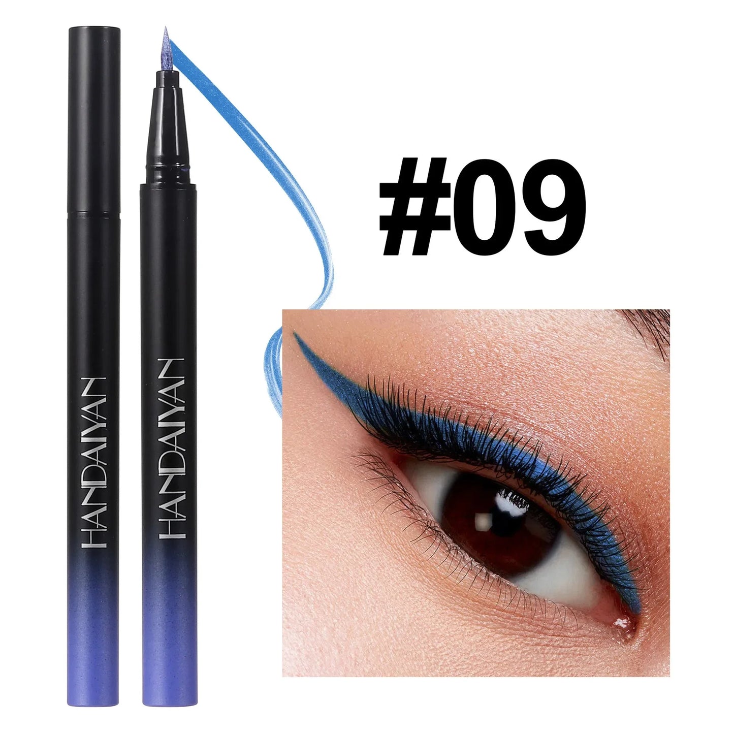 Blue eyeliner pen with 'HANDAIVAN' branding, shown with a close-up of an eye wearing the liner.