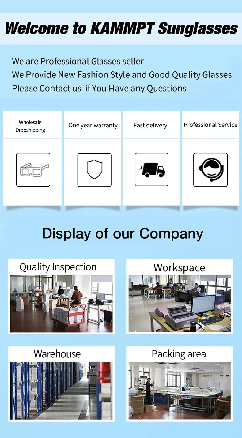 KAMMPT Sunglasses promotional page with icons and images of a warehouse, workspace, and packing area.