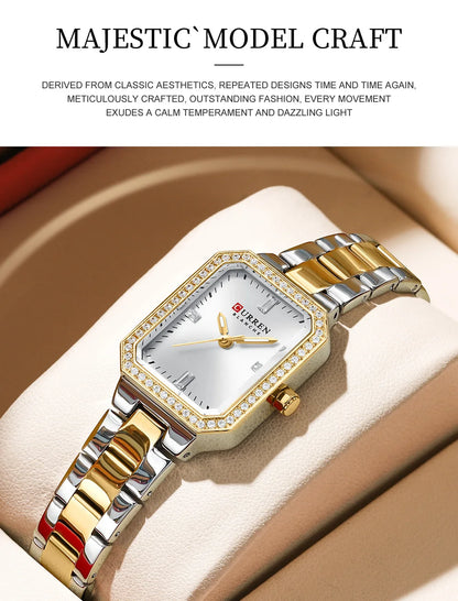 Gold and silver watch with diamond accents on a beige cushion, brand 'LUREN' visible.