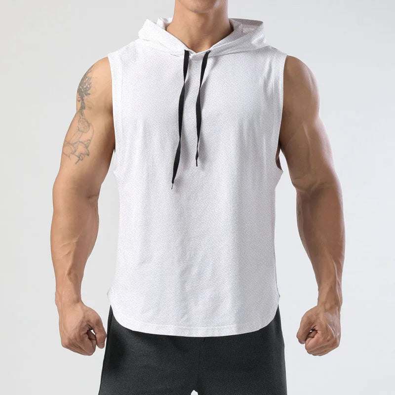 Person wearing a white sleeveless hoodie with black drawstrings on a light gray background