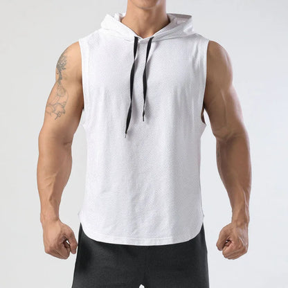Person wearing a white sleeveless hoodie with black drawstrings on a light gray background