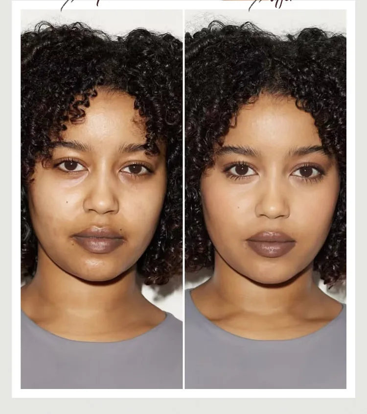 Side-by-side comparison of a woman with curly hair against a plain background