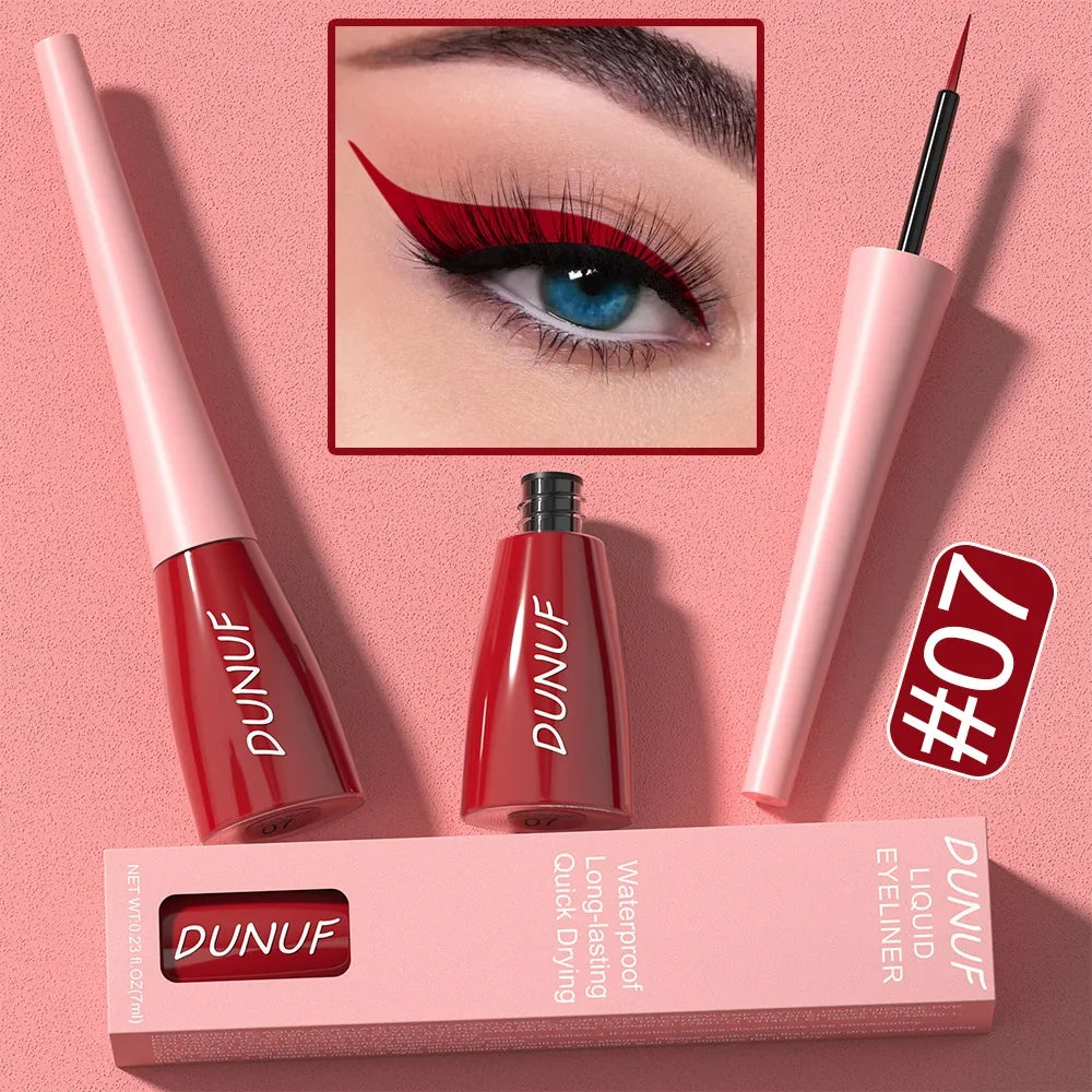 Dunuf liquid eyeliner set with packaging on a pink background