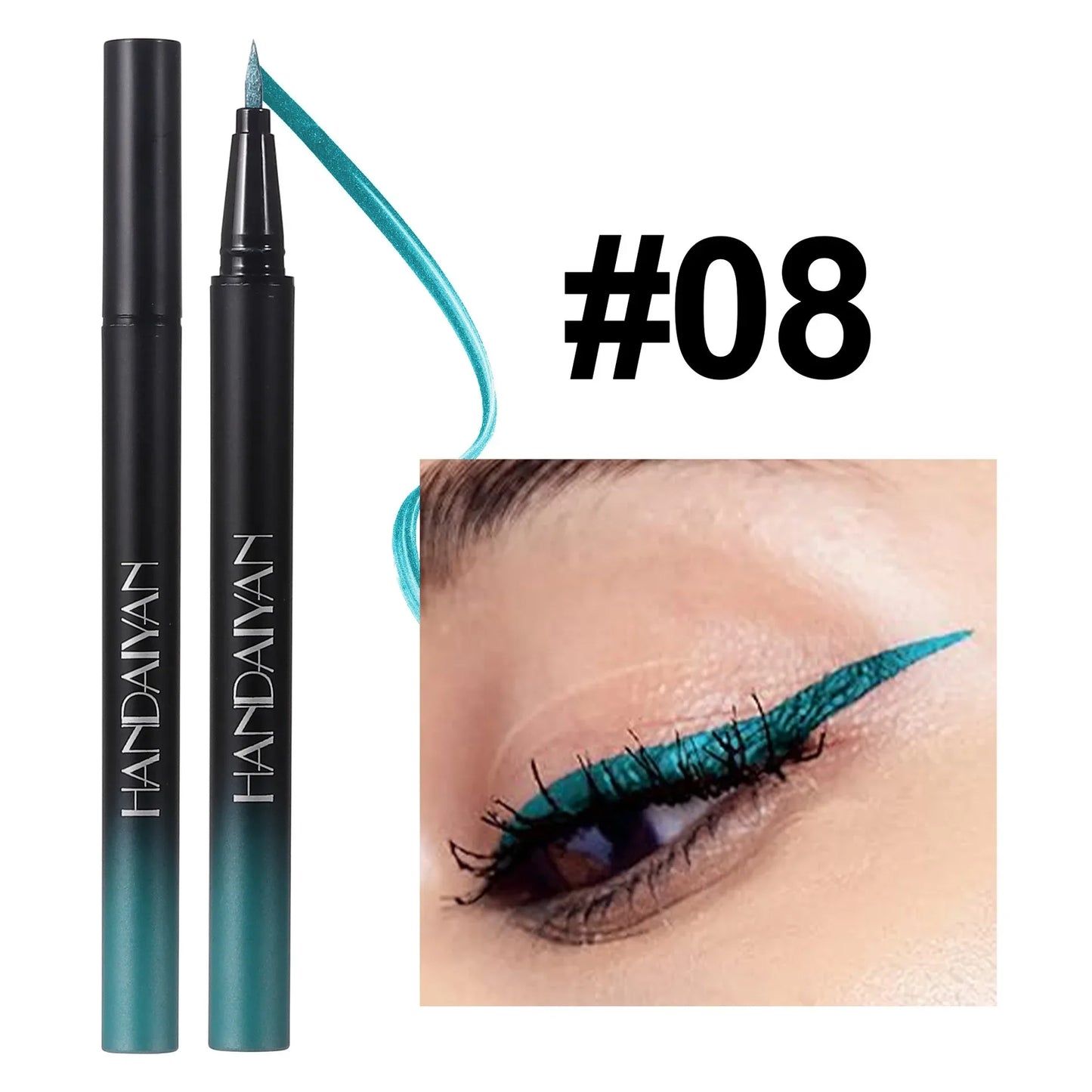 Teal eyeliner pen with 'HANDAIVAN' branding, close-up of eye wearing the liner, and '#08' color code.