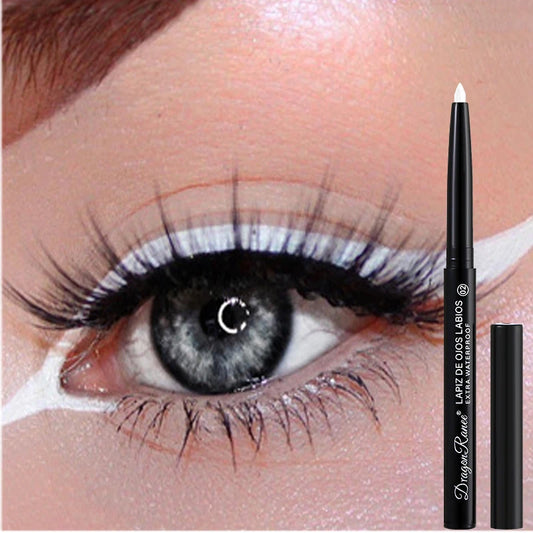Eyeliner pencil being used on an eye with a close-up of the product.