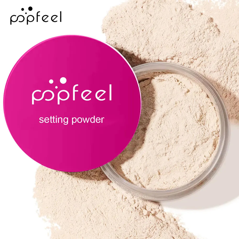 Popfeel setting powder with a pink lid on a white background
