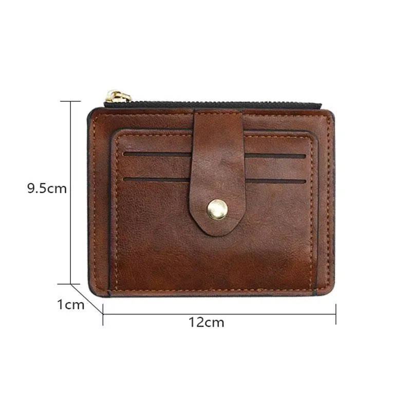 Brown leather wallet with measurements on a white background