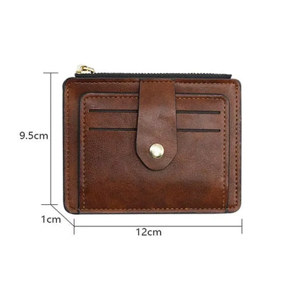 Brown leather wallet with measurements on a white background