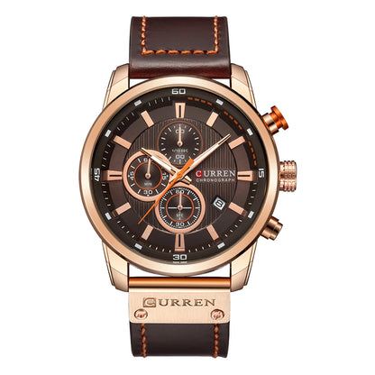 Curren watch with brown leather strap and rose gold casing on white background