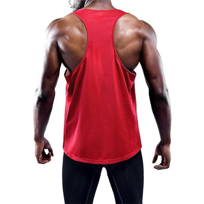 Person wearing a red tank top on a white background