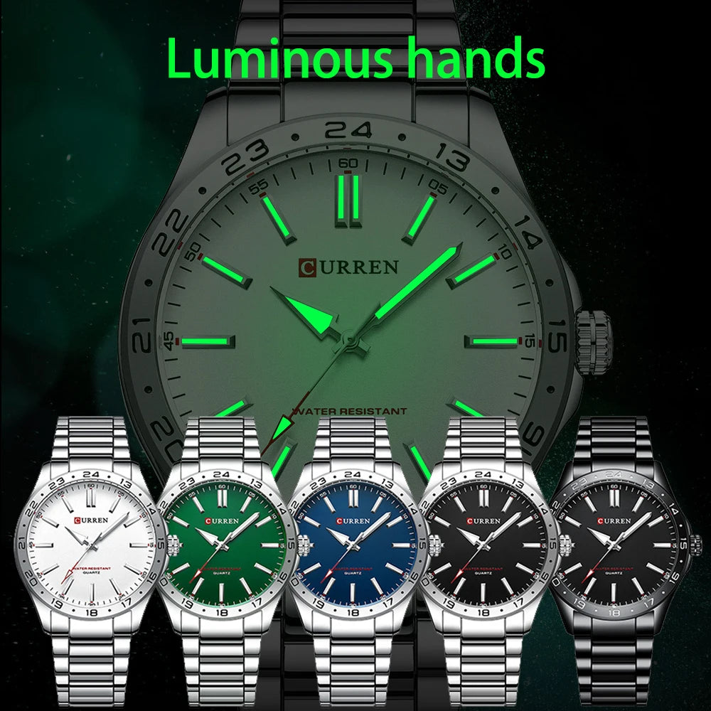 Collection of Curren watches with green luminous hands on a dark background