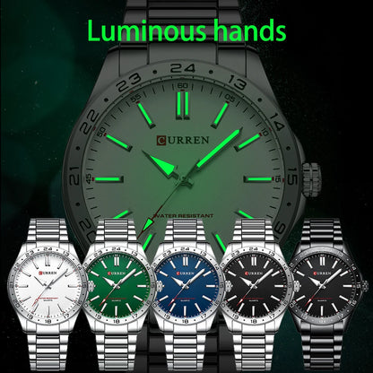 Collection of Curren watches with green luminous hands on a dark background