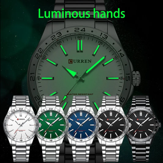 Collection of Curren watches with green luminous hands on a dark background