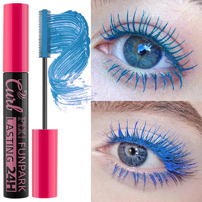 Mascara with blue lashes applied to eyes, Funpark brand visible
