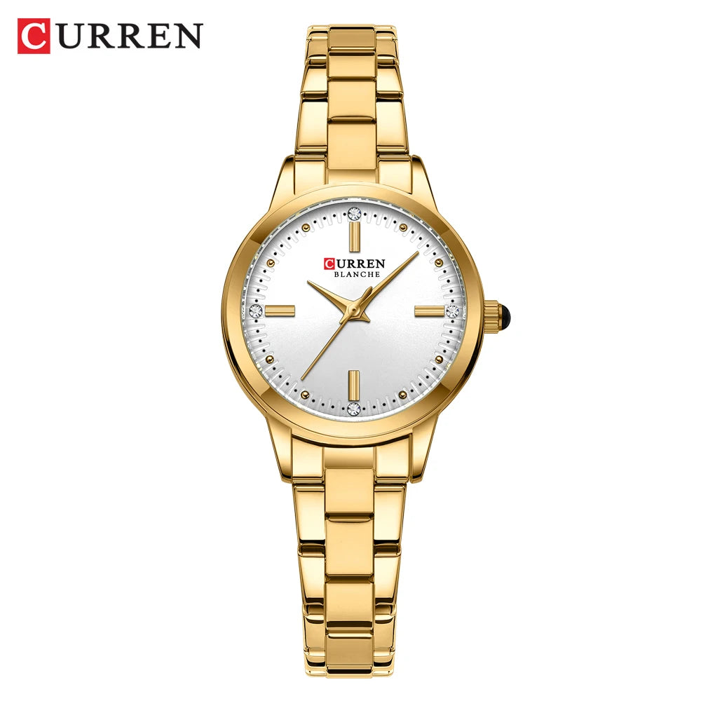 Gold wristwatch with white dial on a white background, featuring the brand 'Curren'.