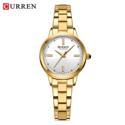 Gold wristwatch with white dial on a white background, featuring the brand 'Curren'.