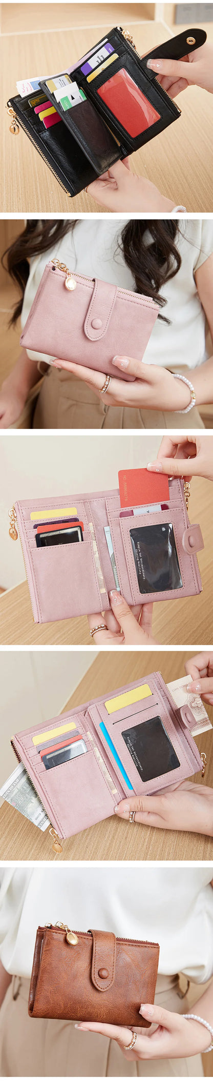 Collage of three wallets in different colors held by people.