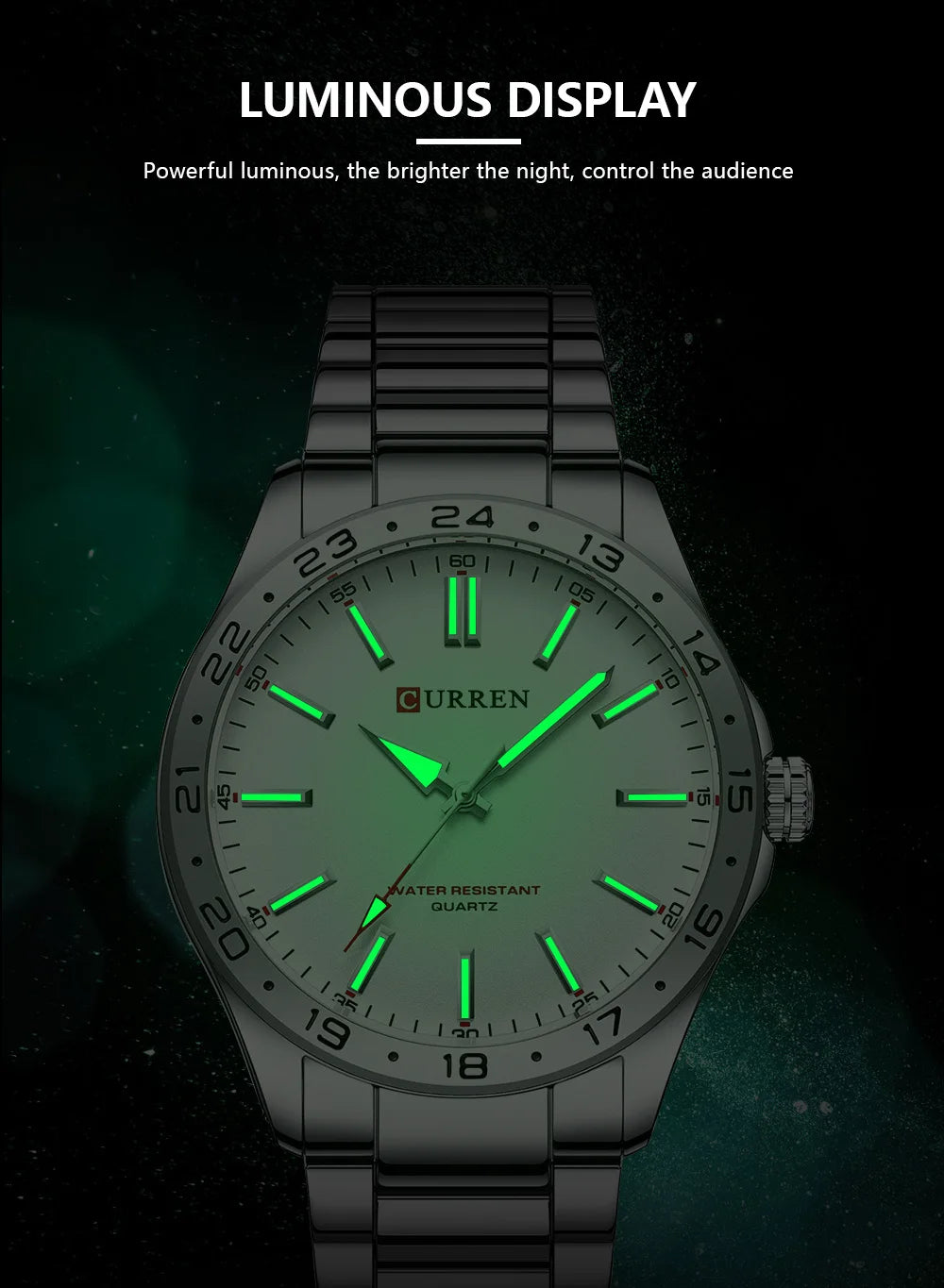 Curren watch with green luminous display on a dark background