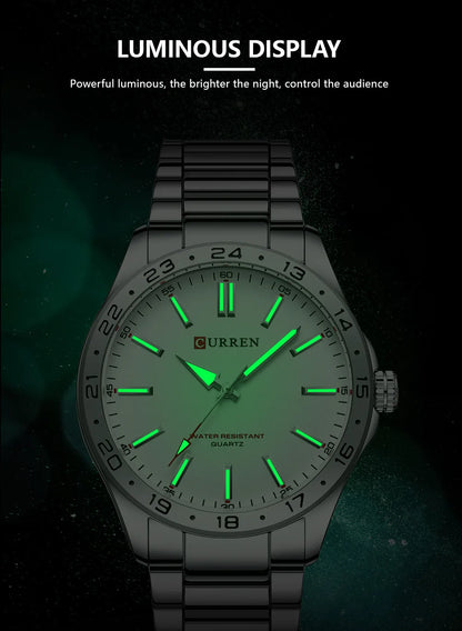 Curren watch with green luminous display on a dark background