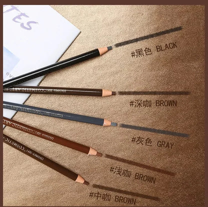 Set of makeup pencils with color labels on a textured surface