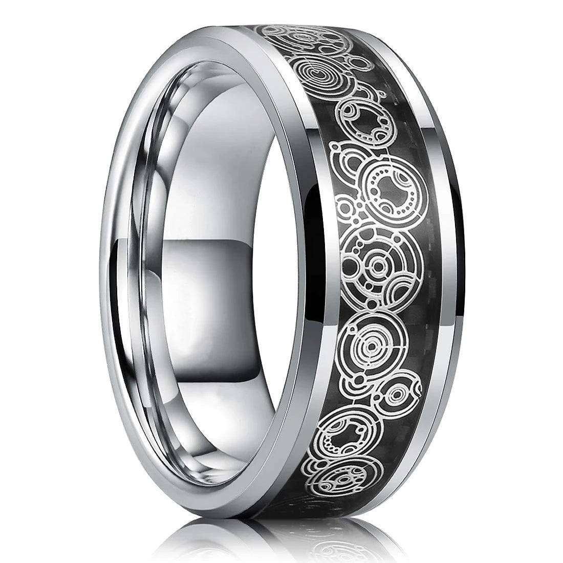 Silver ring with intricate black and white pattern on a white background