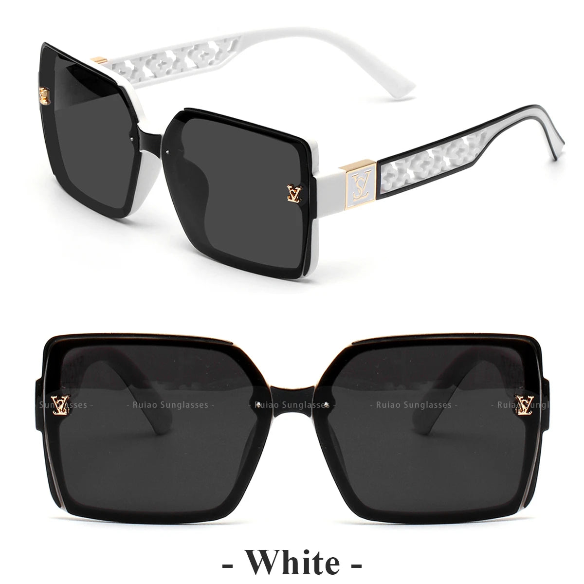 Black sunglasses with white embellishments on a white background