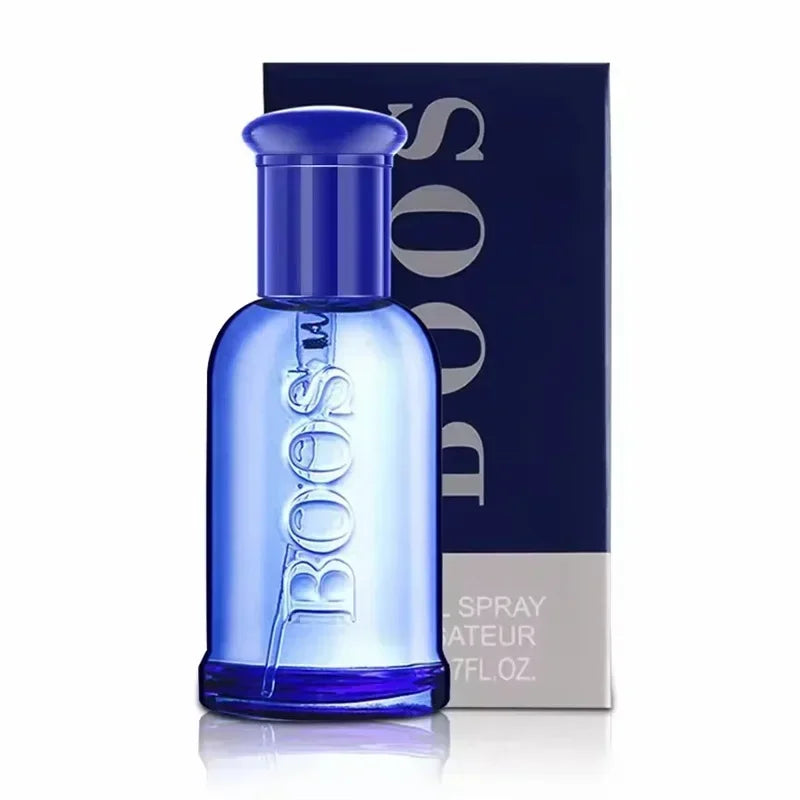 Blue perfume bottle with 'BOSS' branding next to its packaging on a white background