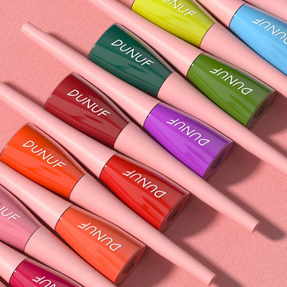 Collection of DUNUF lip glosses in various colors on a pink background