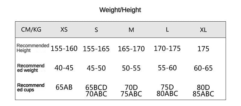 Size chart for clothing with weight and height recommendations.