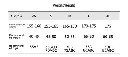Size chart for clothing with weight and height recommendations.