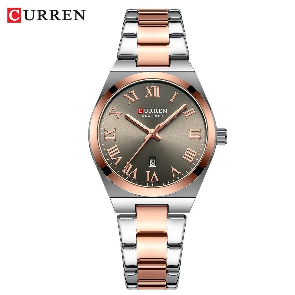 Curren watch with rose gold and silver band on a white background
