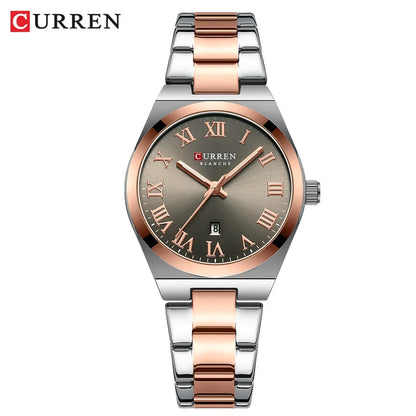 Curren watch with rose gold and silver band on a white background