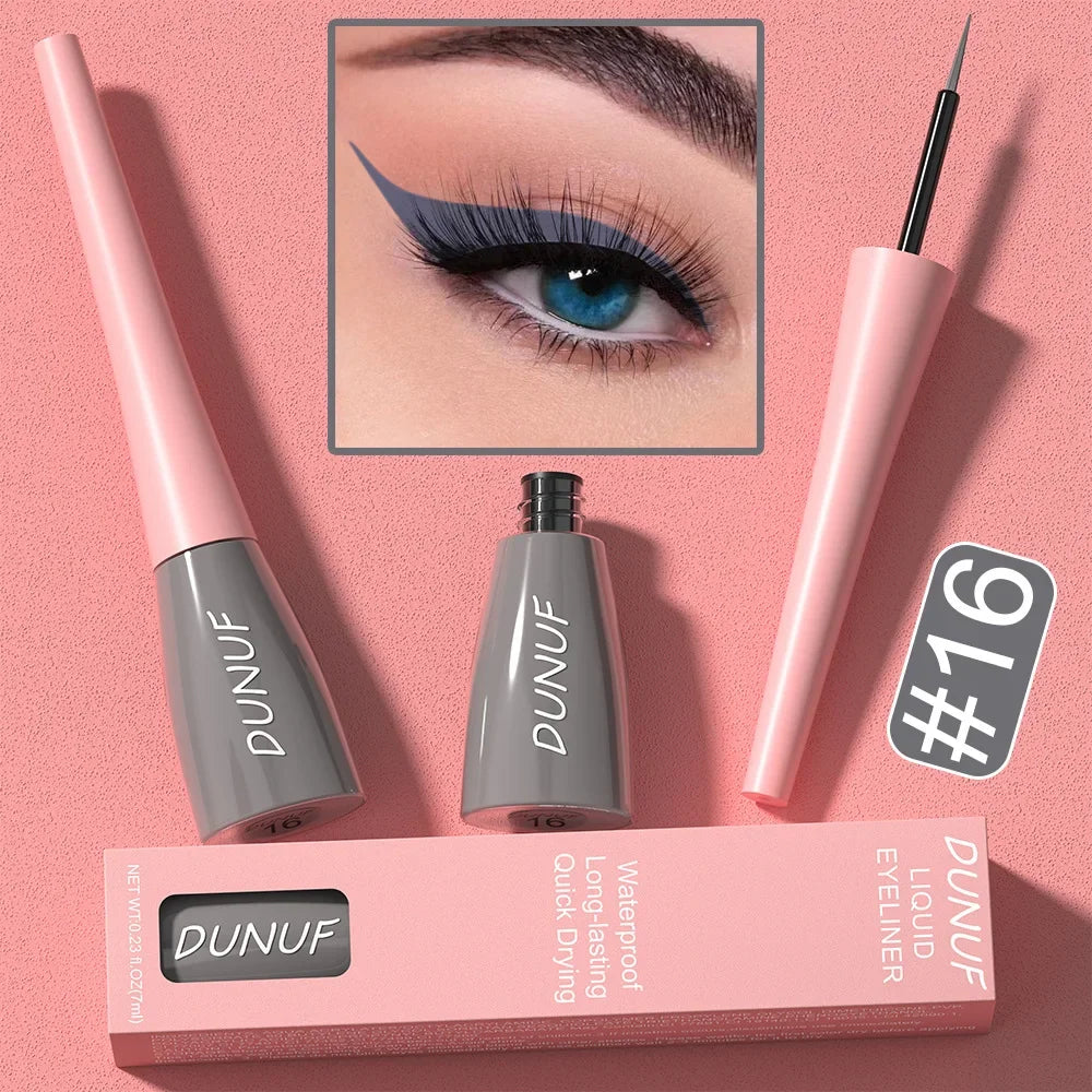 Dunuf liquid eyeliner set with packaging on a pink background