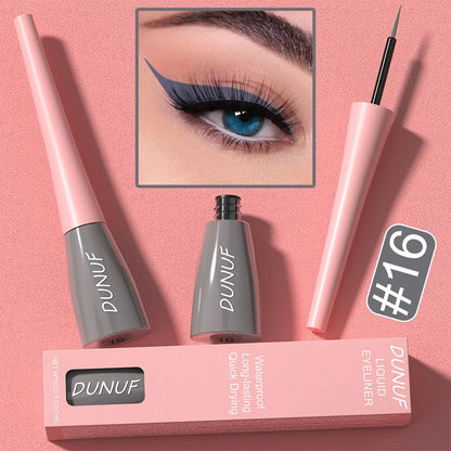 Dunuf liquid eyeliner set with packaging on a pink background